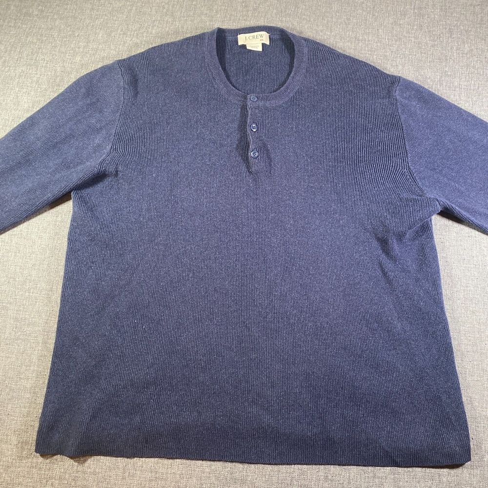 J Crew Waffle‎ Knit Henley Sweatshirt Mens Size 2XL Blue Heavyweight Knit